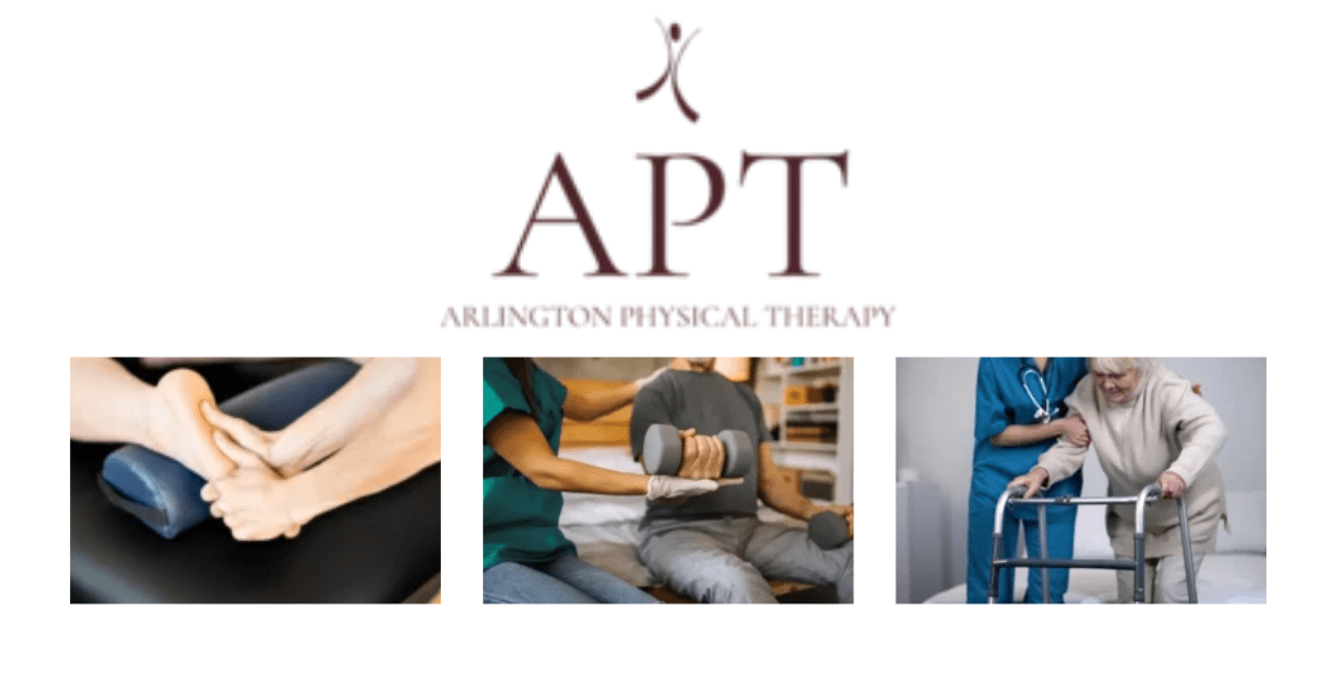 Logo of Arlington Physical Therapy showing hands engaged in therapy sessions with patients using mobility aids.