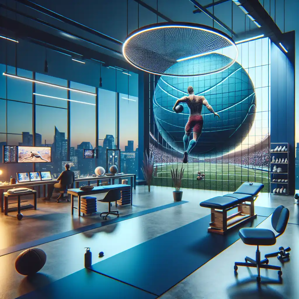 Modern physical therapy clinic interior with sports-themed mural, treatment tables, exercise equipment, and a professional workspace, emphasizing sports injury recovery in Arlington.